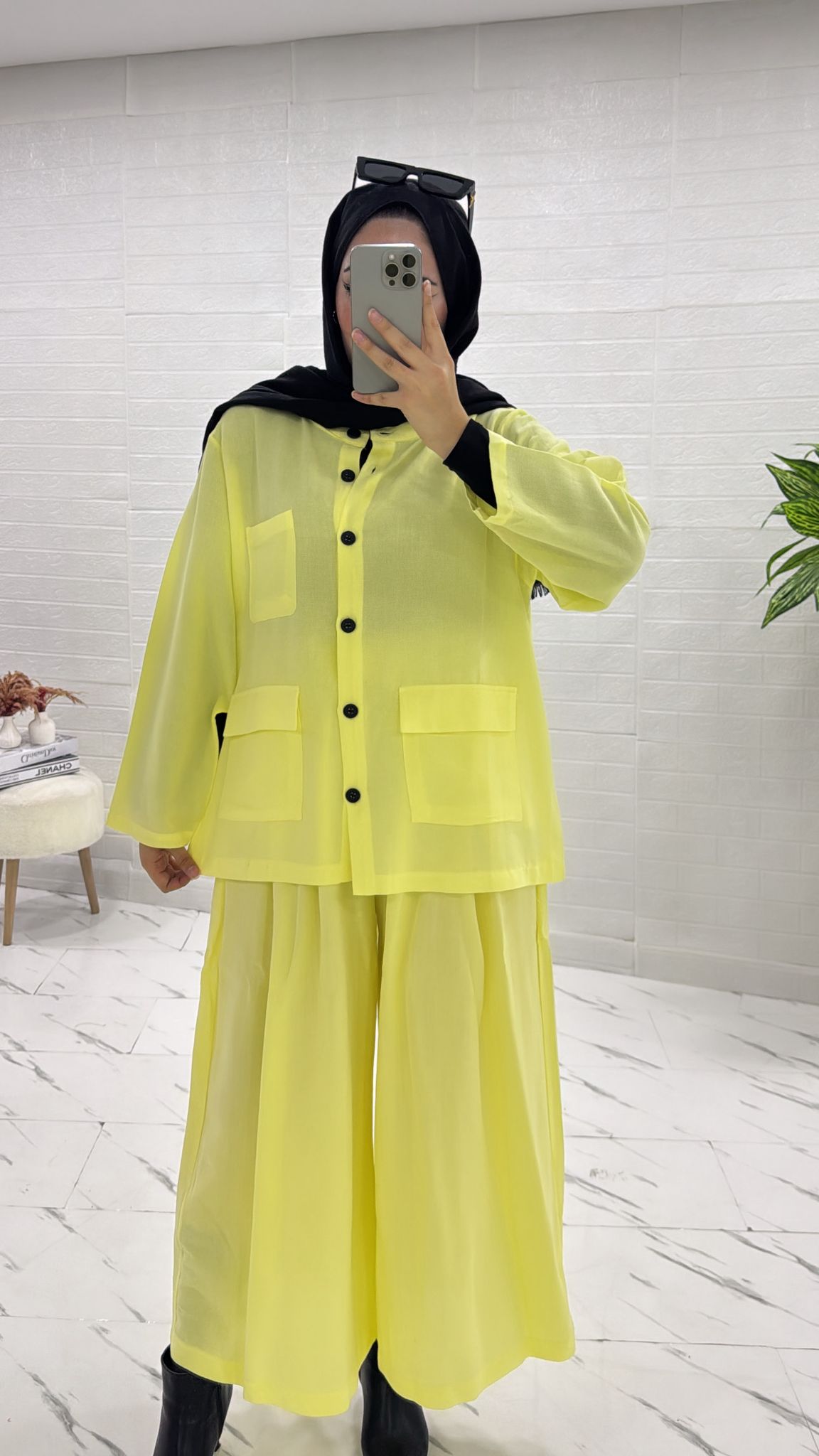 KETEN İKİLİ TAKIM ETEKLİ PANTOLUNLU SARI