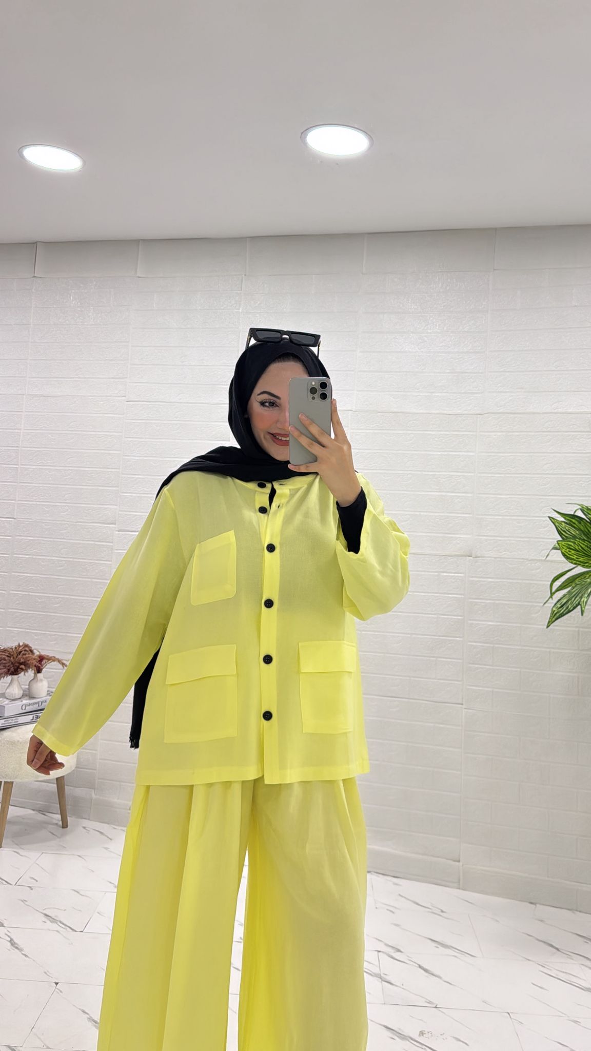 KETEN İKİLİ TAKIM ETEKLİ PANTOLUNLU SARI