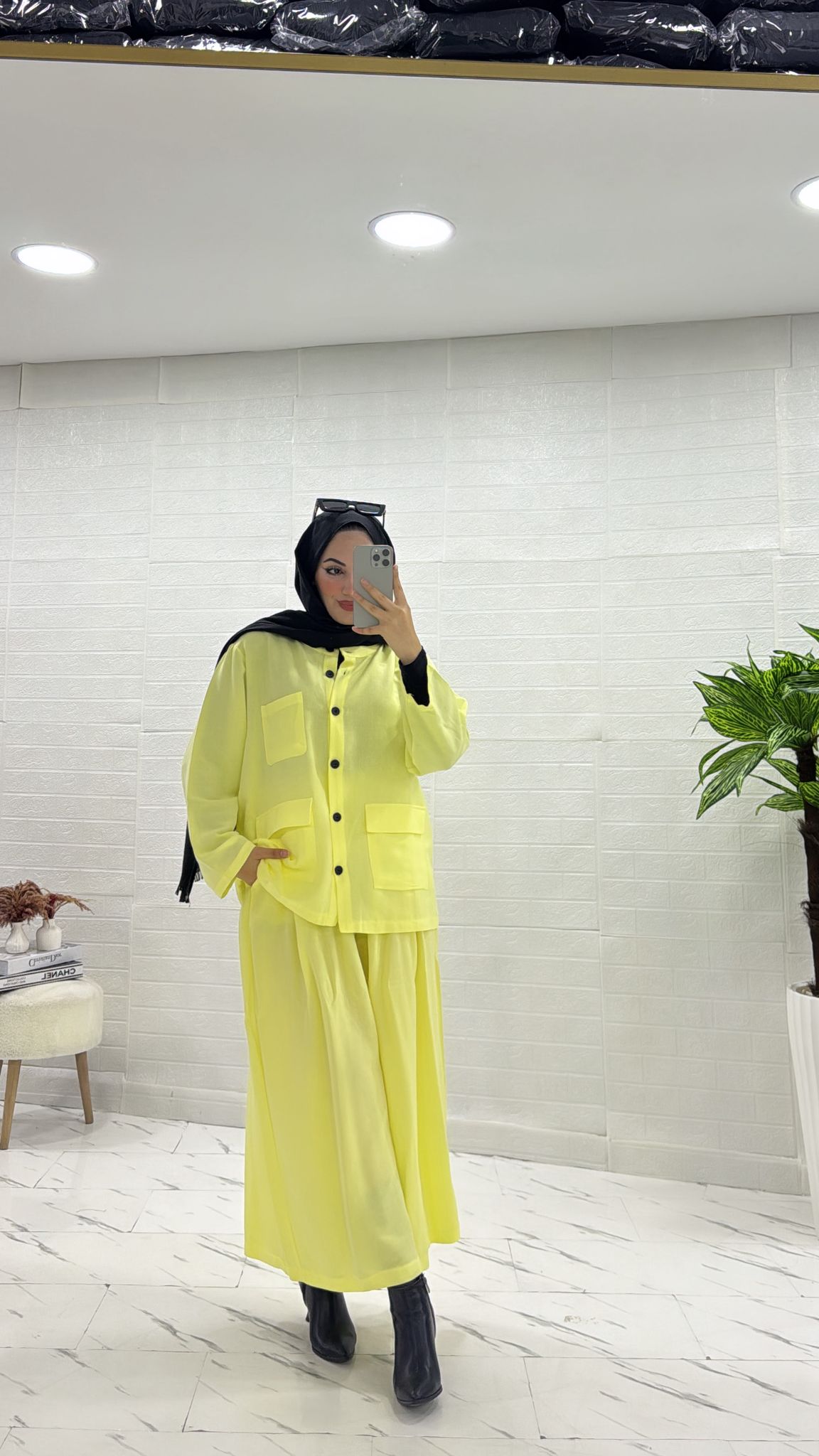 KETEN İKİLİ TAKIM ETEKLİ PANTOLUNLU SARI