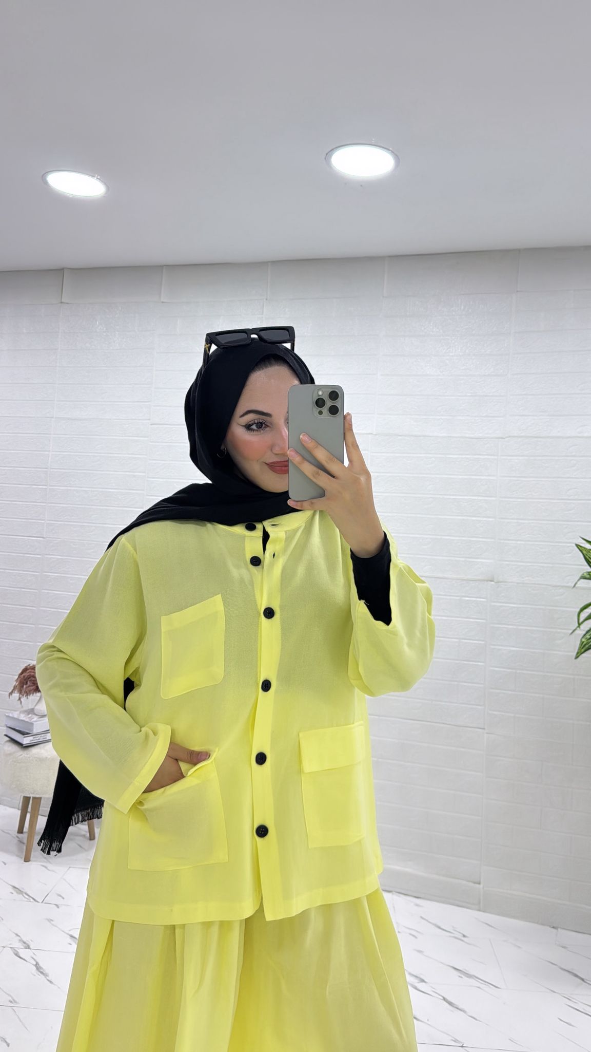 KETEN İKİLİ TAKIM ETEKLİ PANTOLUNLU SARI