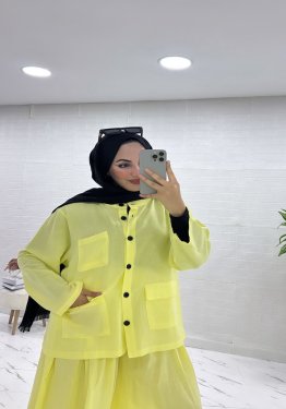 KETEN İKİLİ TAKIM ETEKLİ PANTOLUNLU SARI