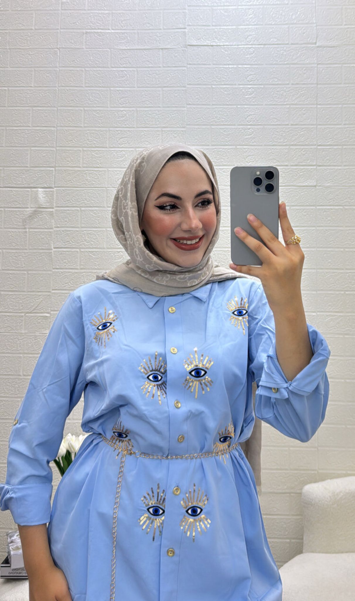 MAVİ GOLD DETAYLI GÖMLEK