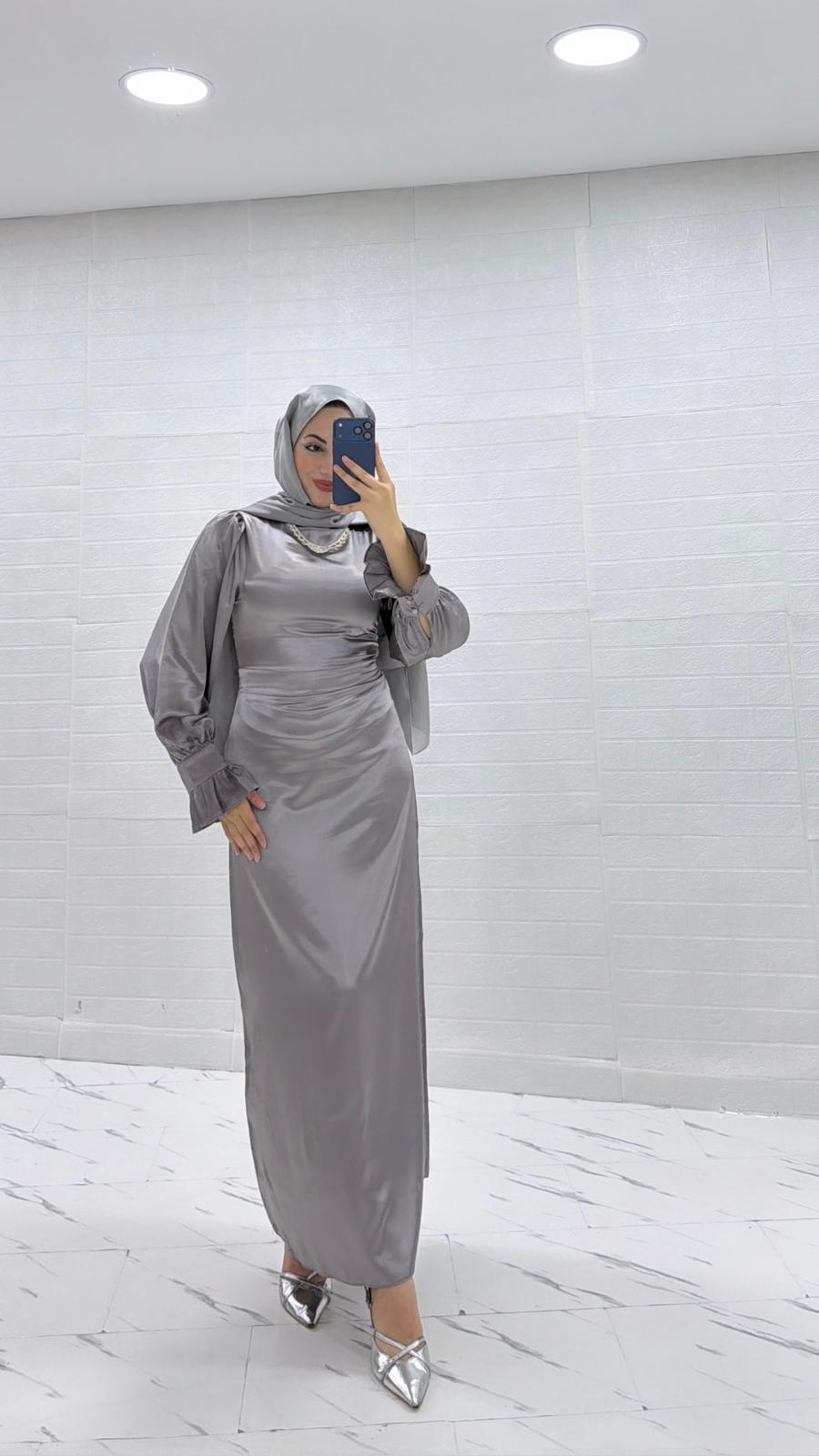 SATEN ELBİSE GRİ