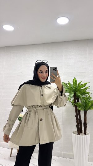 PELERİNLİ TRENÇKOT KREM