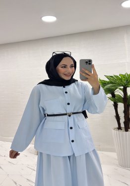 KETEN İKİLİ TAKIM ETEKLİ PANTOLUNLU MAVİ